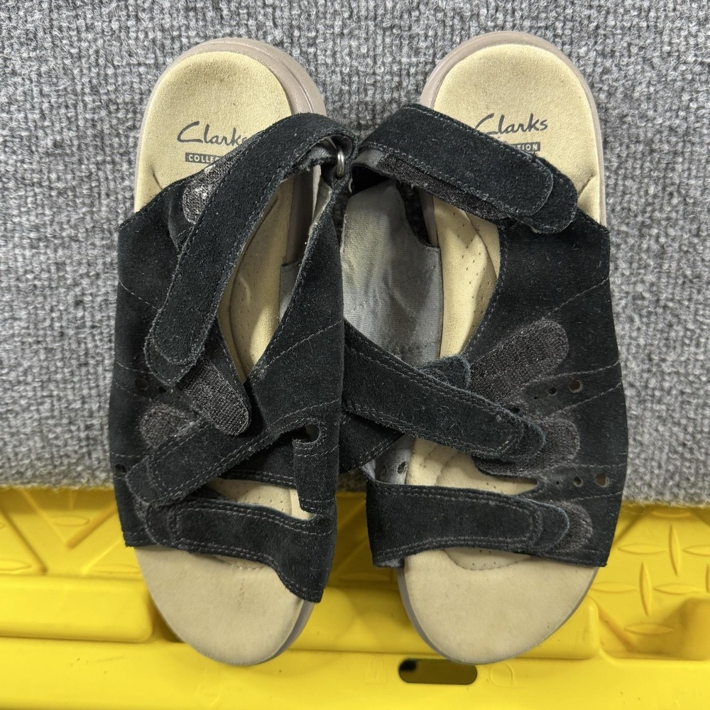 Clarks Sandals Womens Size 7 Black Suede‎ Strappy Wedge Cushion Soft Comfort